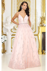 May Queen MQ2045 Blush Sleeveless Floral Corset Back Pageant Gown - Dress