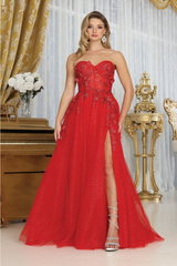 May Queen MQ2059 A-Line Tulle Sweetheart Prom Evening Gown - RED / 4 - Dress