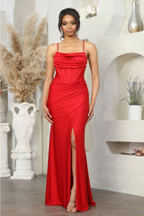 May Queen MQ2068 Spaghetti Strap Pleated Stretchy Black - Tie Gown - RED / 2 - Dress