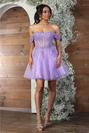 May Queen MQ2080 Sweetheart Leafy Corset A-Line Short Hoco Dress - LILAC / 2 - Dress