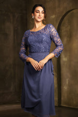 May Queen MQ2100 3/4 Sleeves Tea Length Mother of the Bride Dress - SMOKE/BLUE / M - Dress