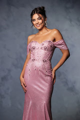May Queen MQ2104 Draped Sleeves Corset Glitter Red Carpet Gown - Dress