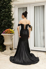 May Queen MQ2104 Draped Sleeves Corset Glitter Red Carpet Gown - Dress
