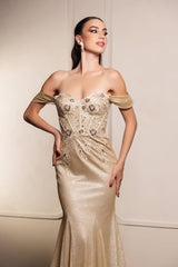 May Queen MQ2104 Draped Sleeves Corset Glitter Red Carpet Gown - Dress