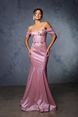 May Queen MQ2104 Draped Sleeves Corset Glitter Red Carpet Gown - Dress