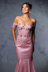May Queen MQ2104 Draped Sleeves Corset Glitter Red Carpet Gown - Dress