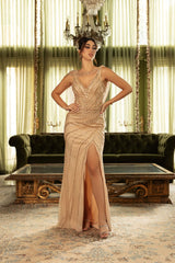 Mother Of The Bride Dress V-Neck Sleeveless Gown By Royal Queen RQ8154 - CHAMPAGNE/NUDE / 8 - Dress