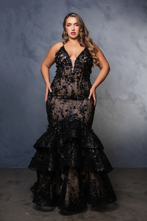 Prom Dress Plunging V-Neck Beaded Formal Gown By Royal Queen RQ8148 - BLACK/NUDE / 4 - Dress