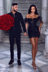 Enchanting Portia and Scarlett: Off-Shoulder Silhouette with Feather Grace