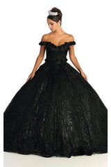 Quinceanera Dress Ball Gown Embroidered Glitter Off Shoulder LK169 - BLACK / 2 - Dress