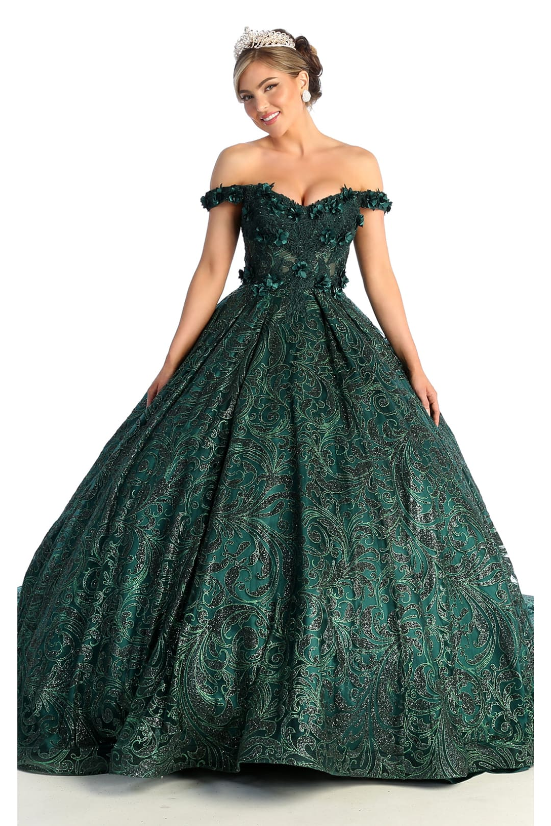 Quinceanera Dress Ball Gown Embroidered Glitter Off Shoulder LK169 - HUNTER GREEN / 2 - Dress