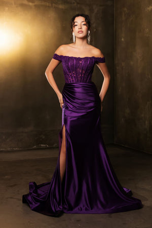 Red Carpet Dress Off Shoulder Sequin Formal Gown By May Queen MQ2146 - EGGPLANT / 4 - Dress