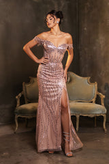 Red Carpet Dress Off-Shoulder Sequin High Split By May Queen MQ2132 - ROSE GOLD / 4 - Dress