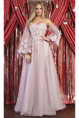 Royal Queen RQ7953 Detachable Sleeves 3D Floral Applique Prom Dress - Dress