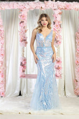 Royal Queen RQ8011 Sleeveless Fitted Bodice Sequin Evening Gown - DUSTY BLUE / 2 - Dress