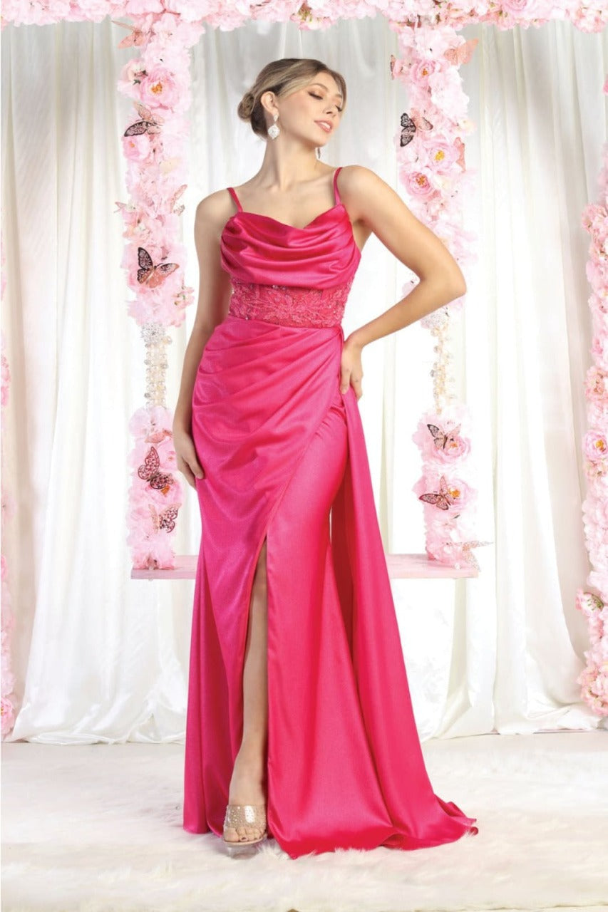 Royal Queen RQ8020 Sleeveless Sheer Side Sash Evening Gown - FUCHSIA / 4 - Dress