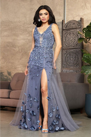 Royal Queen RQ8031 V-Neck Beaded Pearl High Slit Red Carpet Gown - DUSTY BLUE / 4 - Dress