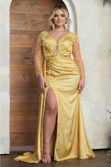 Royal Queen RQ8045 Plunging V-Neck High Slit Satin Long MOB Gown - GOLD / 6 - Dress