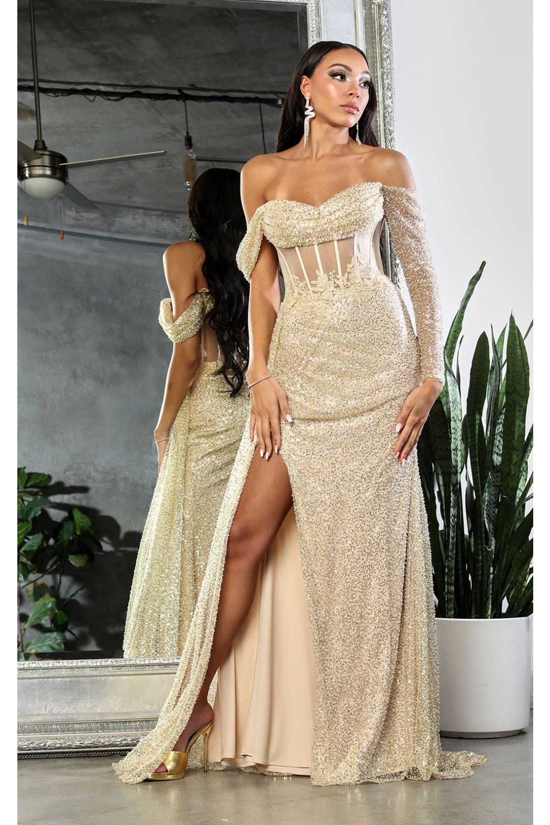 Royal Queen RQ8050 One Sleeve Corset Bone Special Occasion Gown - GOLD / 4 - Dress