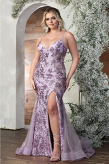 Royal Queen RQ8056 High Slit Sequin Floral Mermaid Prom Evening Dress - LILAC / 4 - Dress