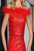 Royal Queen RQ8064 Feather Red Prom Sequin High Slit Evening Gown - Dress