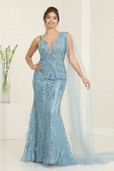 Royal Queen RQ8066 Plunging V-Neck Beaded Evening Sequin Dress - Dress
