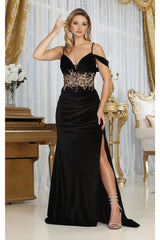 Royal Queen RQ8087 V-neck Spaghetti Straps Slit Velvet Prom Dress - BLACK / 4 - Dress