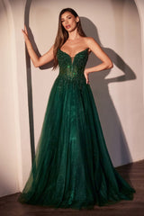 Tulle Strapless A-line Slit Gown by Ladivine CC487 - Emerald / 2 - Long Formal Dresses