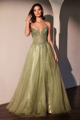 Tulle Strapless A-line Slit Gown by Ladivine CC487 - Greenery / 2 - Long Formal Dresses