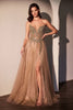 Tulle Strapless A-line Slit Gown by Ladivine CC487 - Mocha Gold / 2 - Long Formal Dresses
