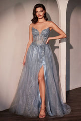 Tulle Strapless A-line Slit Gown by Ladivine CC487 - Smoky Blue / 2 - Long Formal Dresses