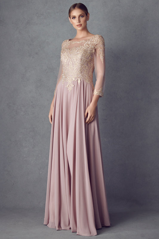 Enchanting Lace AppliquÃ© Long-Sleeve Formal Dress by [Brand Name]