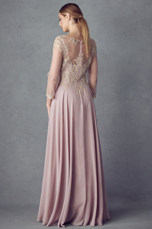 Enchanting Lace AppliquÃ© Long-Sleeve Formal Dress by [Brand Name]