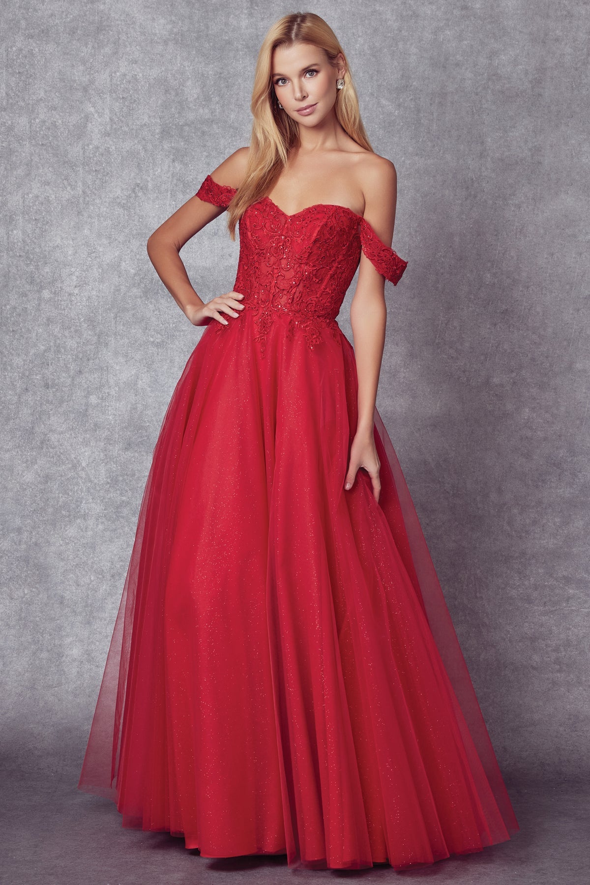 Enchanting Elegance Off-the-Shoulder Prom Gown: Shimmering Embroidered Tulle for Unforgettable Moments