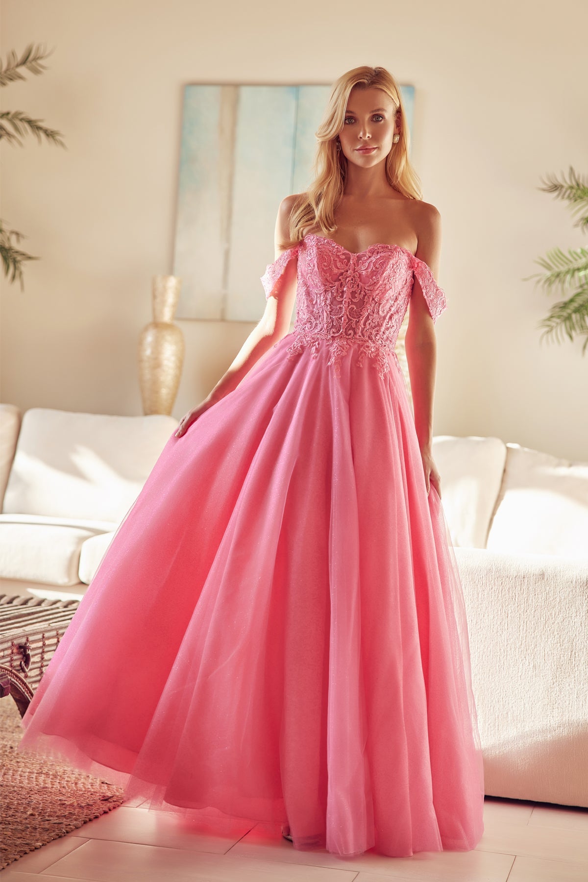 Enchanting Elegance Off-the-Shoulder Prom Gown: Shimmering Embroidered Tulle for Unforgettable Moments