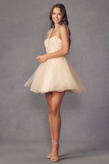 **Ethereal Elegance: Bohemian Sheer Bodice Short Dress with Feather Accents**