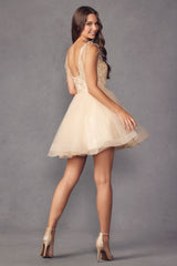 **Ethereal Elegance: Bohemian Sheer Bodice Short Dress with Feather Accents**