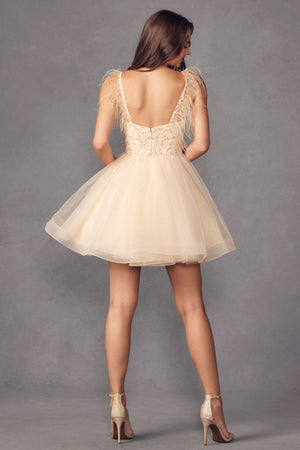 **Ethereal Elegance: Bohemian Sheer Bodice Short Dress with Feather Accents**
