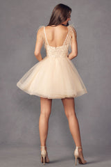 **Ethereal Elegance: Bohemian Sheer Bodice Short Dress with Feather Accents**