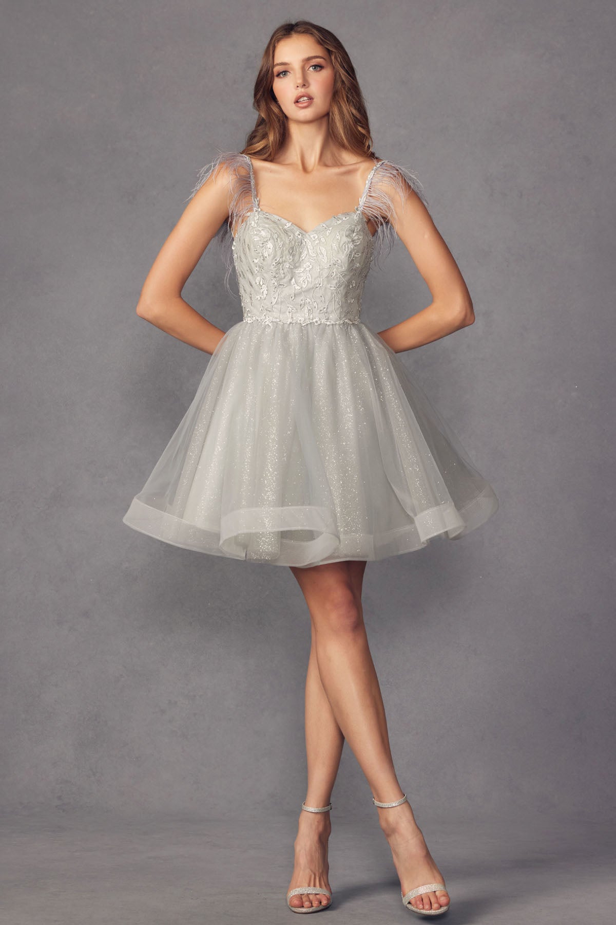 **Ethereal Elegance: Bohemian Sheer Bodice Short Dress with Feather Accents**