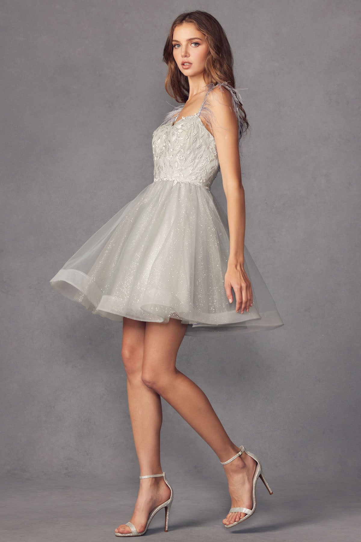 Allure Bridal's Ethereal Short Dress: Graceful Feathers and Intricate Lace