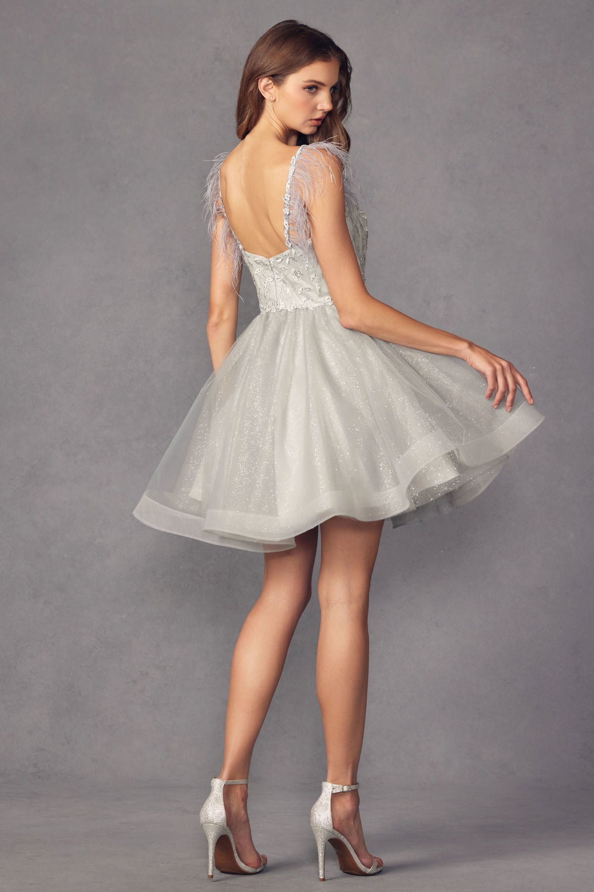 Allure Bridal's Ethereal Short Dress: Graceful Feathers and Intricate Lace