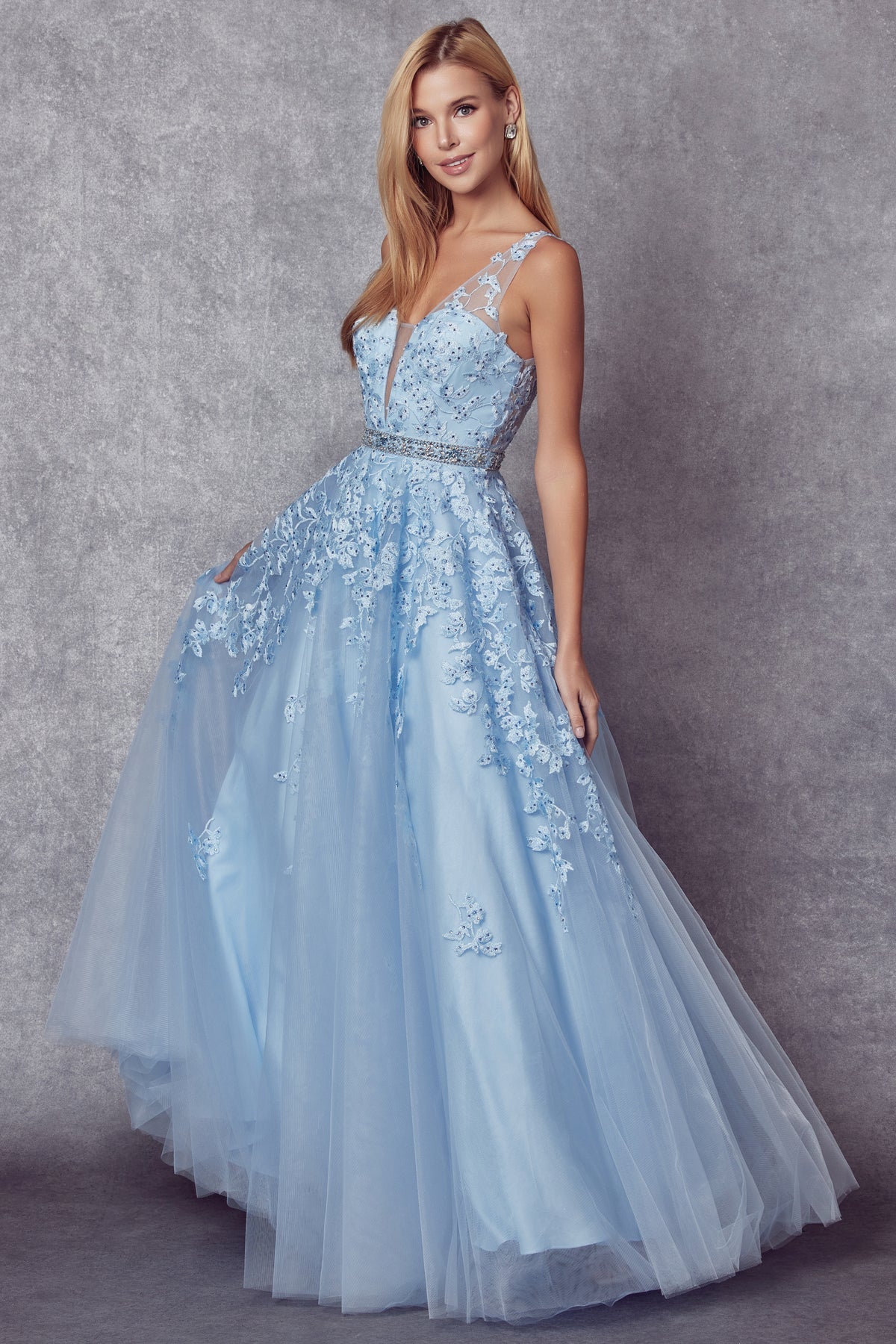 **Enchanted Elegance: Floral AppliquÃ© Prom Ball Gown for a Captivating Night**