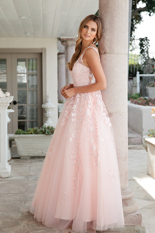 **Enchanted Elegance: Floral AppliquÃ© Prom Ball Gown for a Captivating Night**