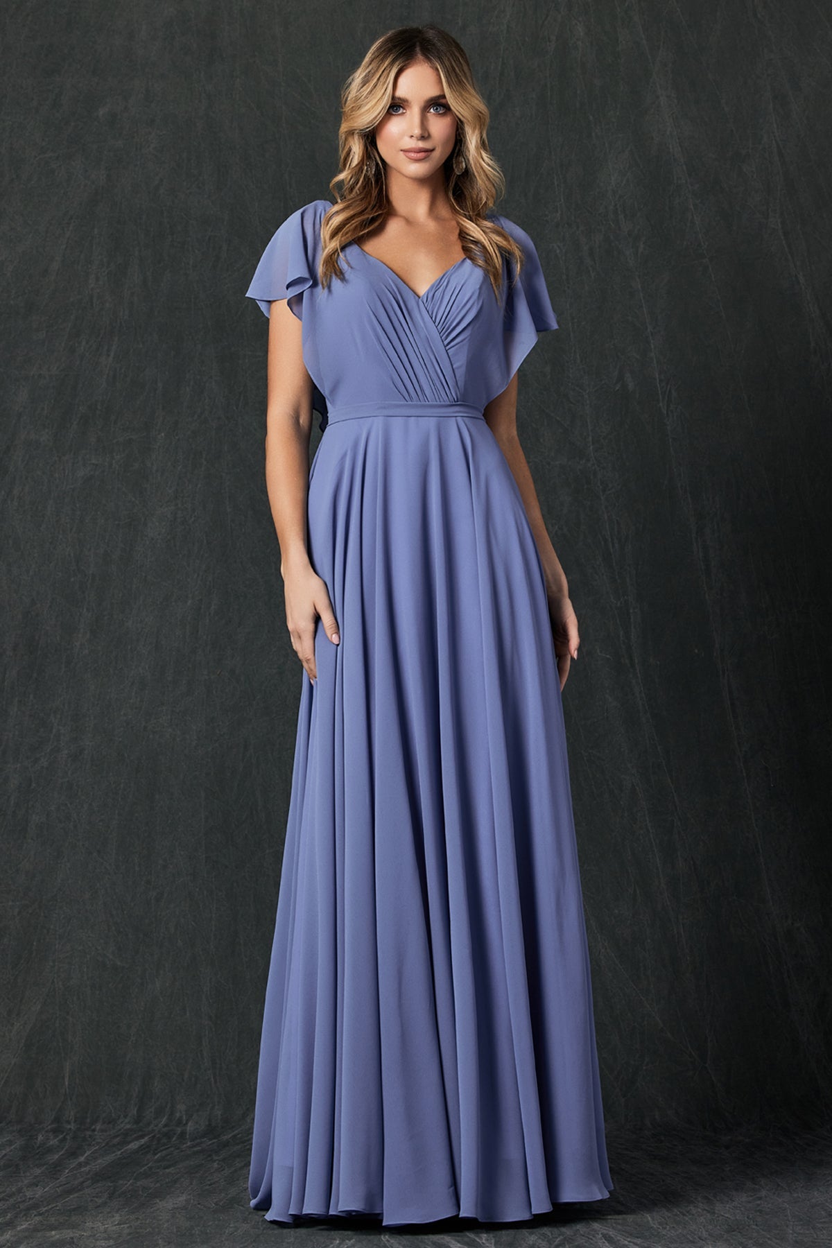 Enchante Your Wardrobe: Flutter Sleeve Formal Bridesmaid Dress with Cascading Back by Ever After