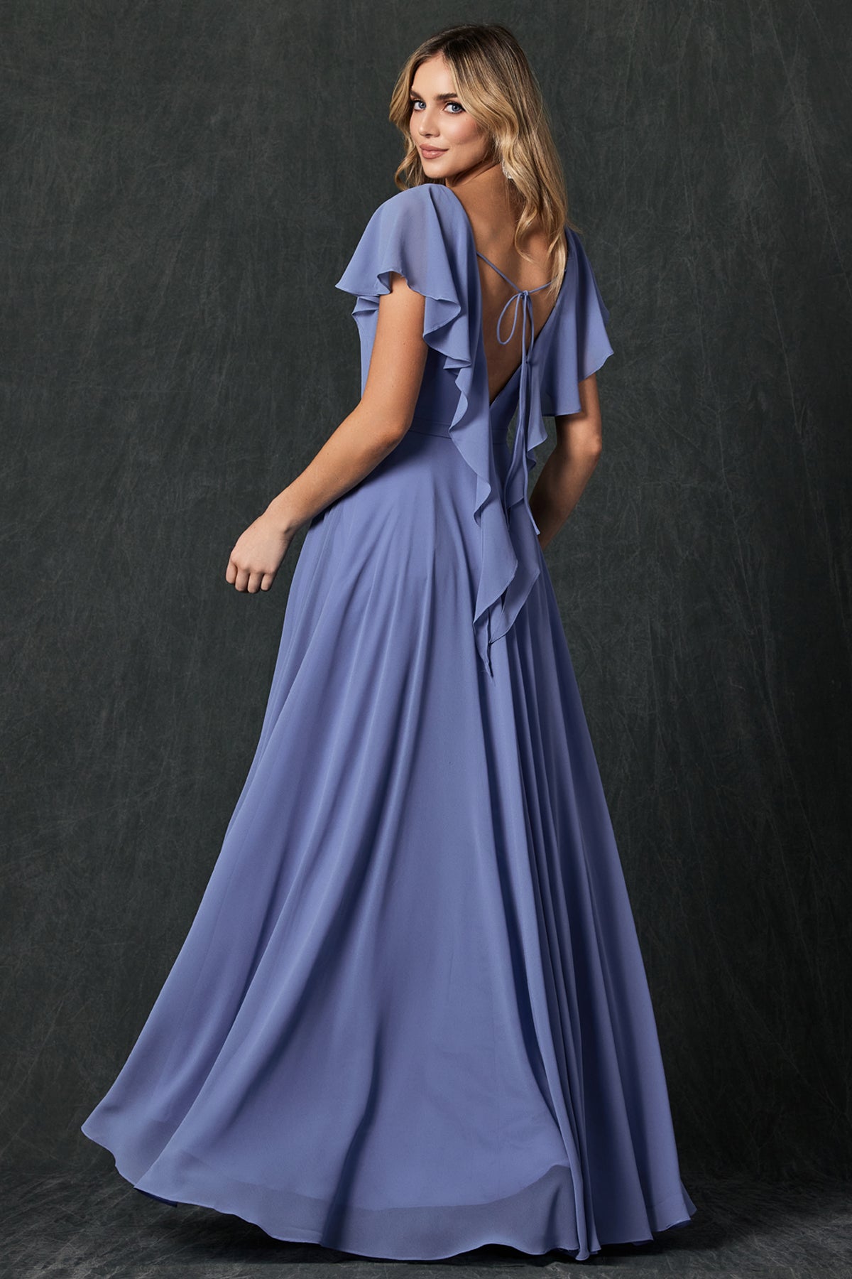 Enchante Your Wardrobe: Flutter Sleeve Formal Bridesmaid Dress with Cascading Back by Ever After