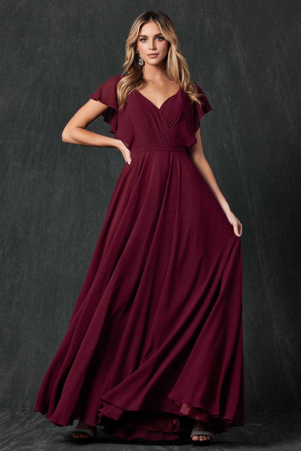 Enchante Your Wardrobe: Flutter Sleeve Formal Bridesmaid Dress with Cascading Back by Ever After