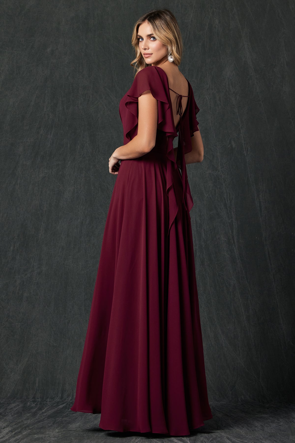 Enchante Your Wardrobe: Flutter Sleeve Formal Bridesmaid Dress with Cascading Back by Ever After