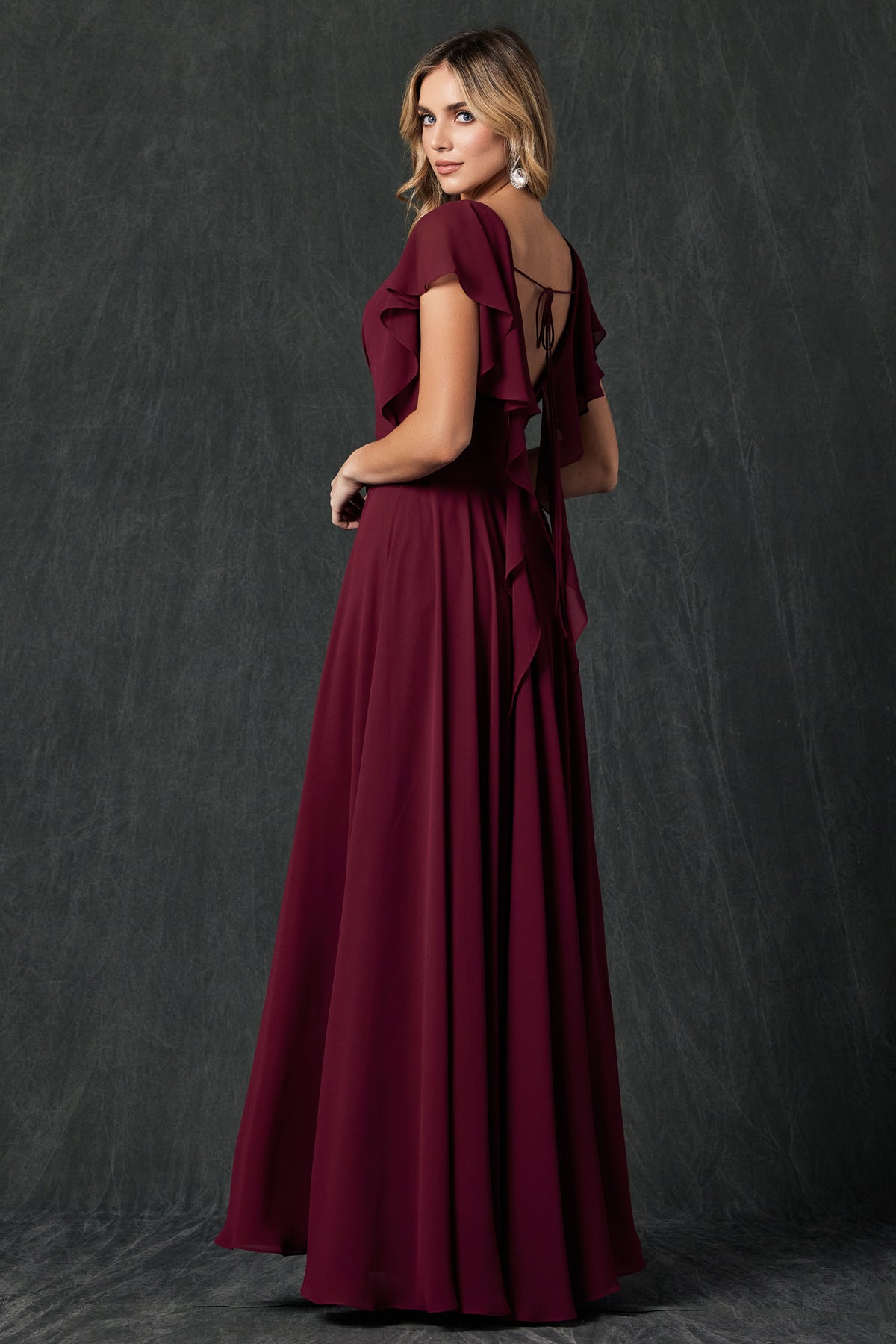 **Captivating Elegance: Flutter Sleeve Bridesmaid Dress with Cascade Back**