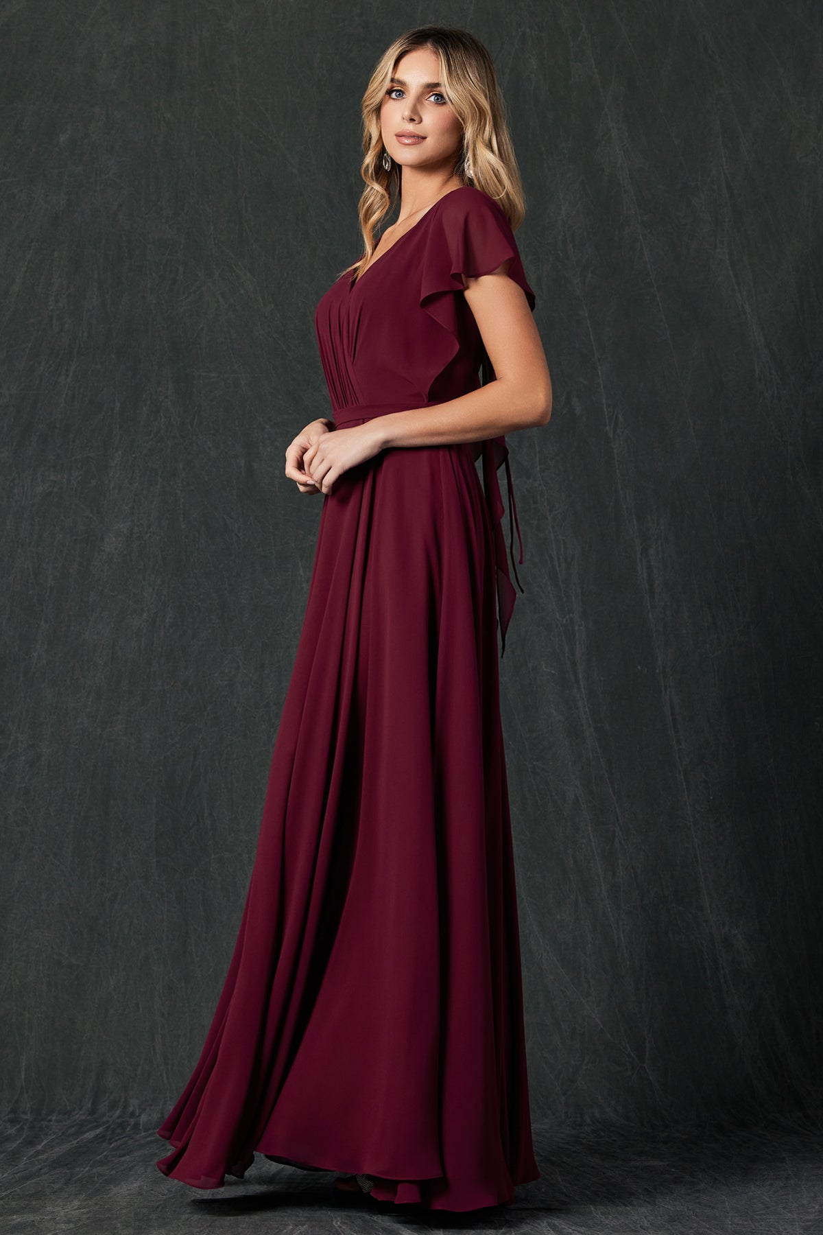 **Captivating Elegance: Flutter Sleeve Bridesmaid Dress with Cascade Back**